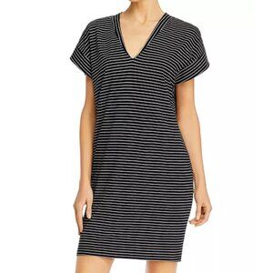 Frame Le V-Neck Mini Dress Black White Striped Organic Pima Cotton Casual